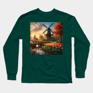 Windmill in Dutch Countryside by River with Tulips Long Sleeve T-Shirt